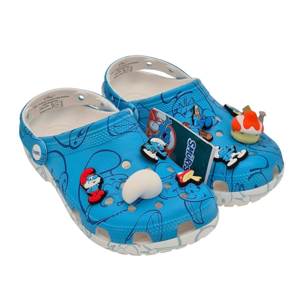 Crocs Smurfs Classic Clogs with Jibbitz Charms Women's Size 7 Comfort Shoes Blue